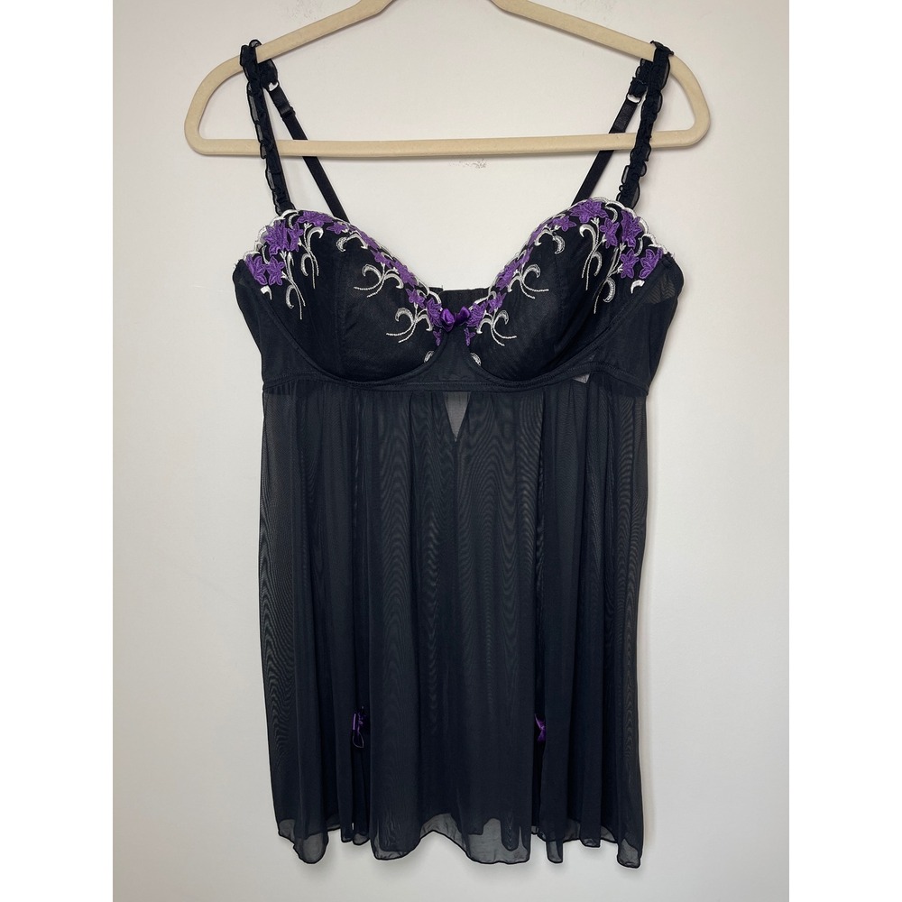 Cacique Black Floral Embroidered Sheer Mesh Babydoll Chemise Lingerie 22/24